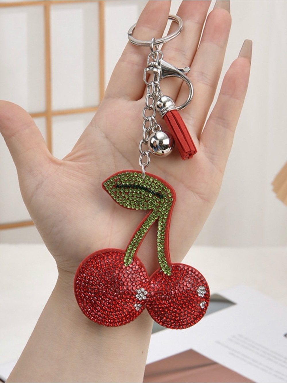 Red Cherry Rhinestone Keychain with Green Leaf Accent